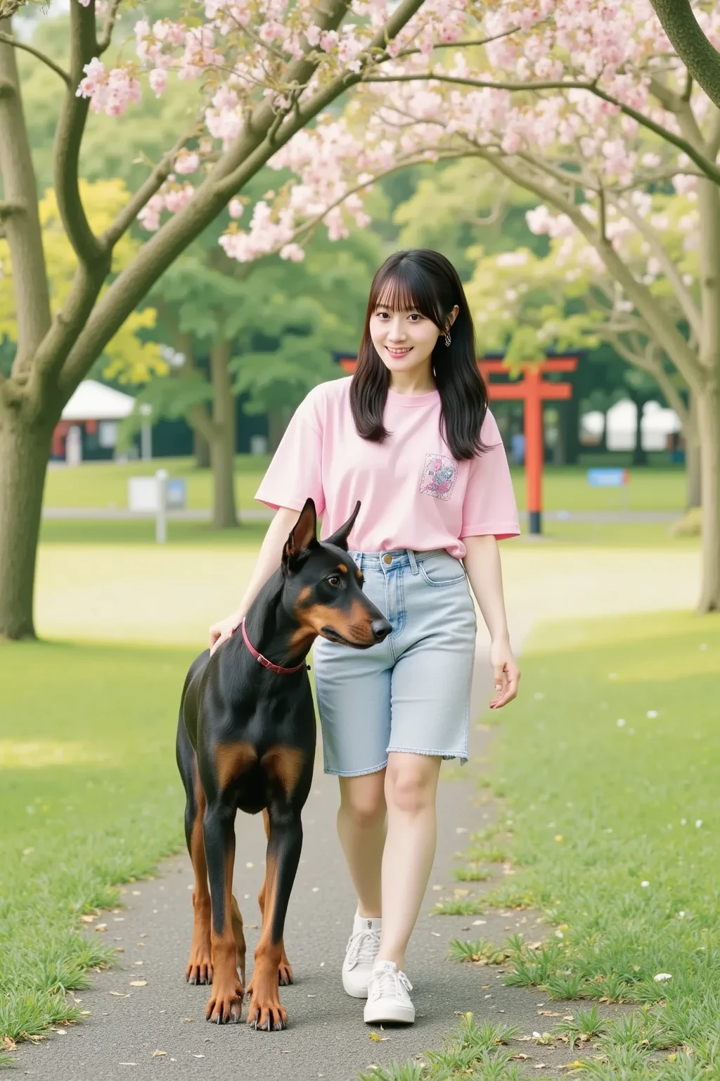 Very attractive girl with backpack and cute puppy (Husky) Enjoying a lovely spring outing surrounded by beautiful yellow flowers and nature. 4K resolution, High resolution, An illustration, Very detailed, Facial Features, comics, visual effects.