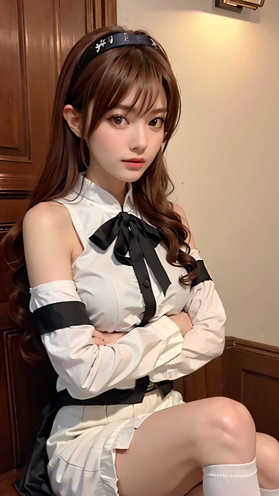 realistic, best quality, masterpiece, (detailed), realistic, photo realistic, close-up, erisc, 1 girl, 18 years old, red hair, long hair, headband, ahoge, red eyes, white shirt, bare shoulders, long sleeves, black skirt, ruffled skirt, white tights, arms crossed, sexy pose