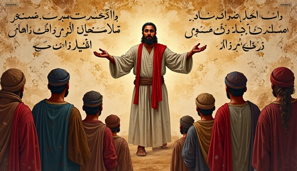 The same scene but now showing the Prophet Muhammad (PBUH) raising his hand gently while explaining. The words "শাহাদাত, সালাত, সাওম, যাকাত, হজ্ব" can appear on screen as he mentions them