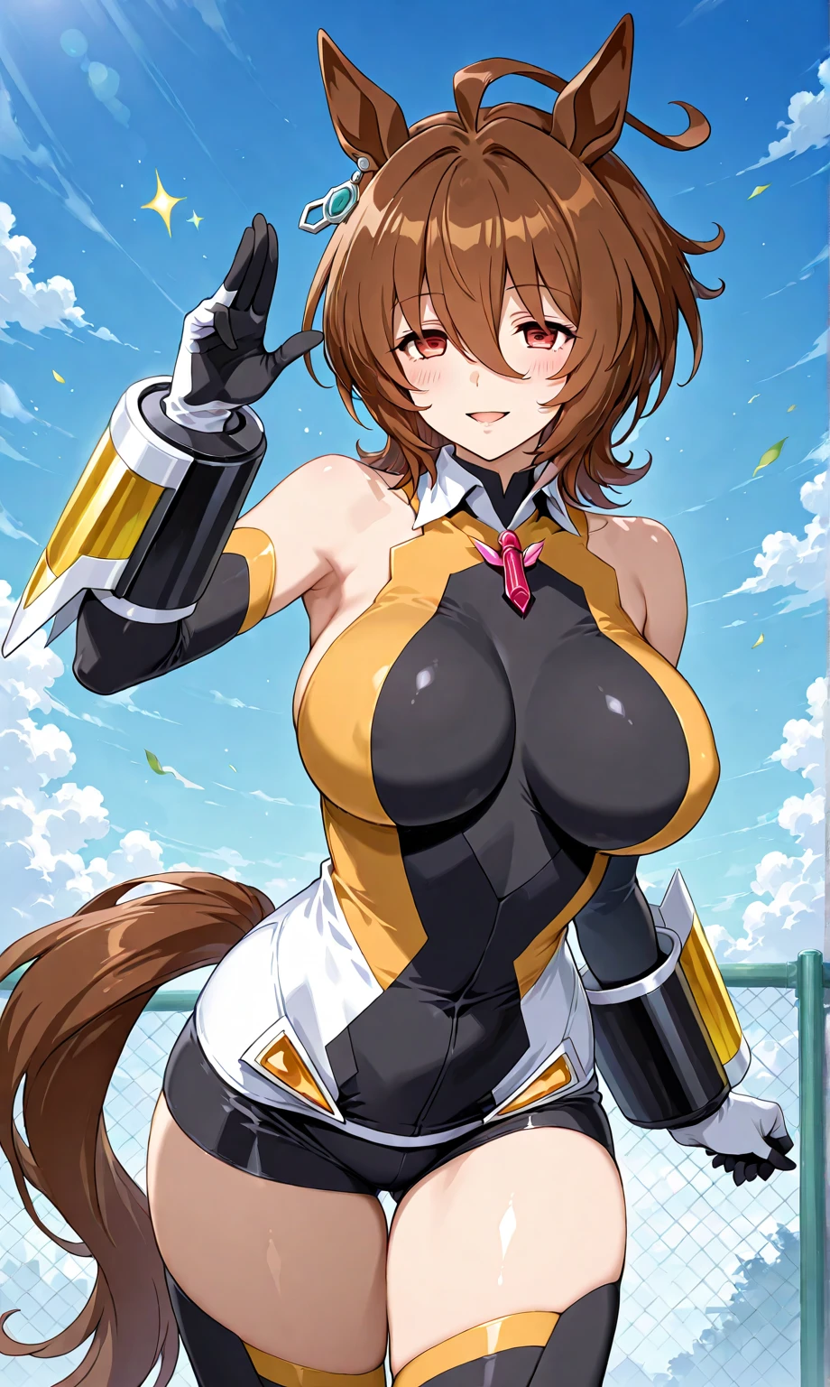 (blazblue, anime:1.2), solo, makoto nanaya, brown hair, short hair, orange eyes, large breasts, (squirrel ears, squirrel tail, squirrel girl:0.8), spiked hair, (antenna hair:0.8), navel, groin, stomach, midriff, fingerless gloves, black gloves, (highleg, muscular:0.7), black thighhighs, orange skirt, miniskirt, (black panties:0.8), sitting, hill, grass, petals, flower, mountain, house, looking at viewer, smile, blue sky, cloud, day, outdoors, ((depth of field, bloom, shadow, promotional art, colorful, novel illustration)), cowboy shot, <lora:makoto:0.8>