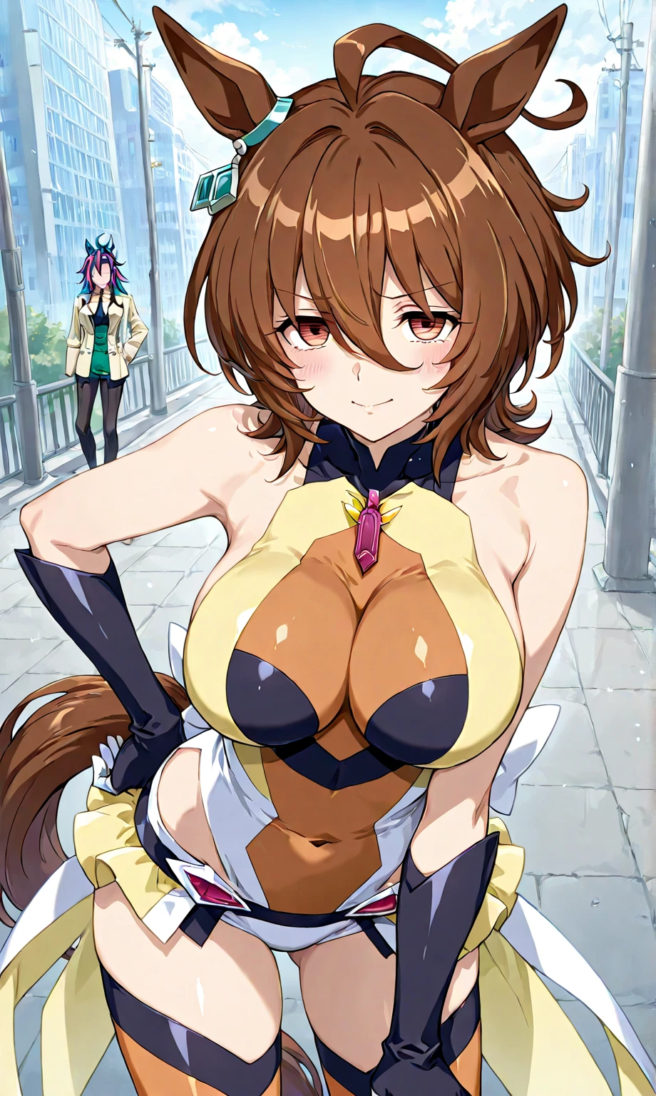 haruhi suzumiya, short hair, brown hair, brown eyes, hairband, medium hair, ribbon, hair ribbon, animal ears, zettairyouiki, pantyhose, rabbit ears, leotard, wrist cuffs, detached collar, fake animal ears, playboy bunny, black leotard, cleavage, comiket, urban, dutch angle, cowboy shot, smile, open mouth, looking at viewer, crowd, tokyo big sight, blurry background, bokeh, pose, photo shoot, score_9, score_8_up, score_7_up, source_anime, dark theme, low light, (tarechichi, huge sagging breast:1.1), Underarm sweat, underarm hair damp with sweat, natural armpit hair, Unshaven Pubic Hair, (skinny, slim, small hip, narrow waist)