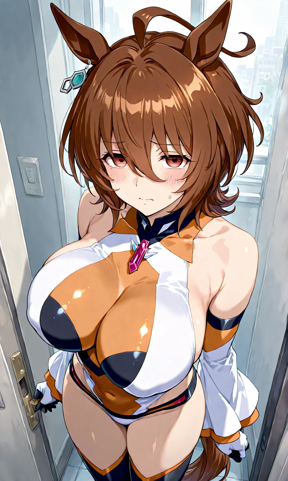 Erotic Anime Illustration、Highest image quality、A plump gal shows off her vagina in a steamy sauna、sauna suit、sit on a chair、perfect proportions、Overwhelmingly big breasts beyond the norm、thick legs with fat、big areola、Beautiful shining eyes、cowboy shot、get into heat、shaved pussy、exposing nipples、Detailed depiction of the vagina、intense sweating、patience、Lūlü