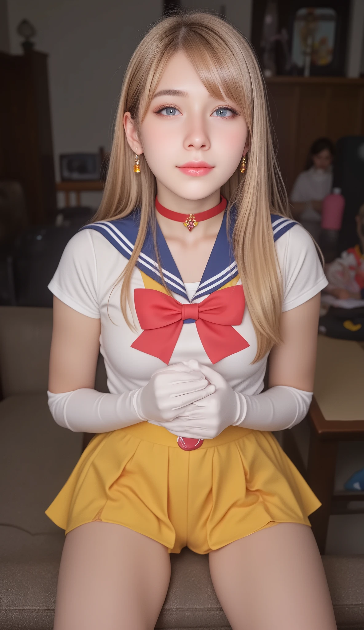 masterpiece, ultra-realistic, best quality, highres, moon1, 1girl, solo, sailor senshi uniform, sailor moon sailor, tsukino usagi, blonde hair, magic girl, blue eyes, no pants, elbow gloves, blue sailor collar, choker, red bow, red choker, white gloves, very long hair, jewelry, earrings, cowboy shot, smile, sitting, open legs, panties, white panties, upskirt, cameltoe