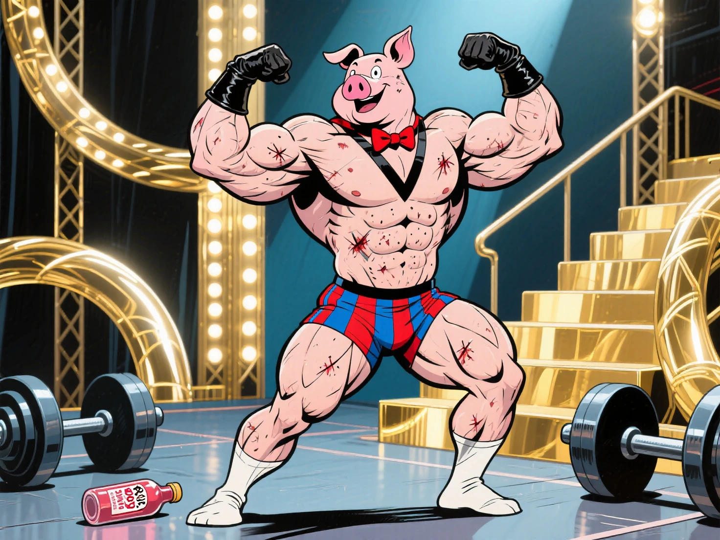 cartoon warthog dressed like WWE wrestler the ultimate warrior
cartoon warthog head. cartoon warthog face. cartoon warthog body. cartoon warthog arms. cartoon warthog hands. cartoon warthog legs. Green and purple War face paint.
Muscular. Long finally blond hair. Neon purple stings tied around biceps. Green underwear. Green wrestling boots. Purple fring in boots. White trenchcoat