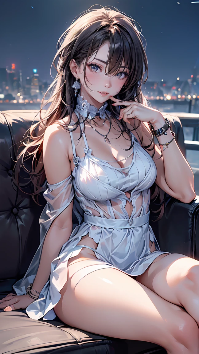 ((full body)), ((leaning forward)), ((Random shooting angle)), ((bare shoulders)), ((realistic)), ((The hemlines are very short)), ((Big , cleavage)), 1girll, posed for photo, Outdoor scene, the night, lamplight, Stand up, Pleasing posture, Eye-catching poses, pretty legs, looking at viewert, Detailed scenes, curlies, Air bangs, Beautiful hair accessories, Brownish-yellow hair, light make-up, Blushlush, Gloss on lips, (Campus style), warm lights, a warm color palette, Detailed details, Super detailed, (tmasterpiece, best qualtiy), (An extremely delicate and beautiful work), Delicate earrings, Delicate necklace, Simple blurred background, Extreme detail description, Ultra-fine painting, Delicate face, slim toned body, Slimming the waist, (grin, happy grin, Baring teeth), (anatomy correct)