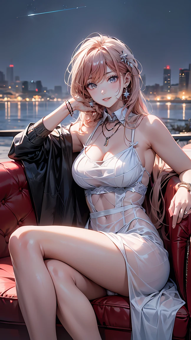 (Masterpiece, BestQuality:1.3), (ultra detailed:1.2), (hyperrealistic:1.3), (RAW photo:1.2), High detail RAW color photo, professional photograph, (Photorealistic:1.4), (realistic:1.4), (Pink Hair:1.5), professional lighting, perfect anatomy, (Big Breasts:1.2), (blush, detailed face), (cheerful Smile:1.5), Trending Hair&Trending Hairカラーをランダムに, earrings, necklace, bracelet, sexly, erotic sexly, Random sexy gravure poses, (A beautiful woman in a pink see-through dress、Smiling seductively on the balcony with the night view in the background。With long hair、Exposing one shoulder、A sexy pose with her hand pulling down her dress and winking provocatively.。: 1.3)