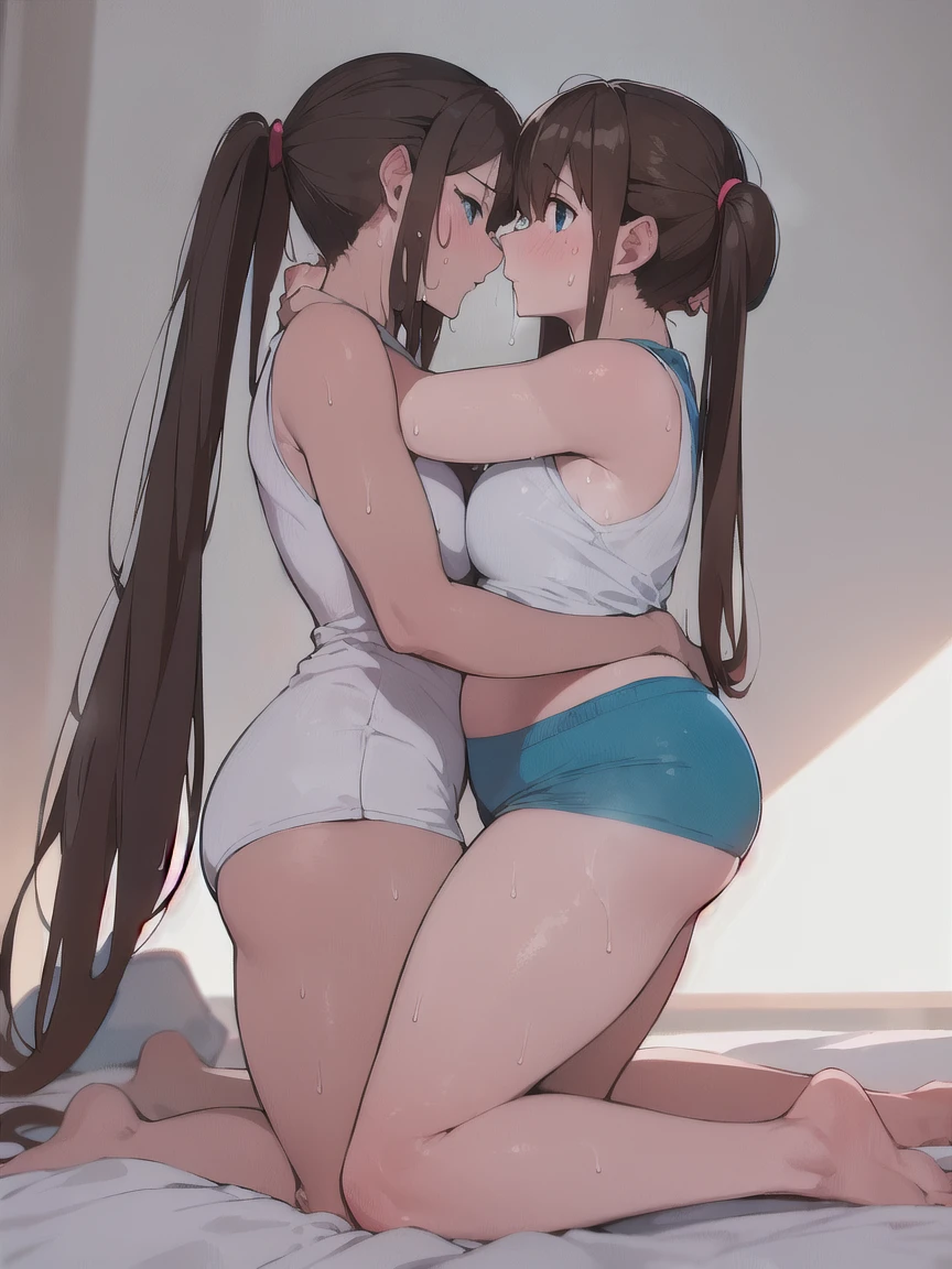realisticlying、twogirls、embracing each other、open one's legs、Buttock emphasis、Big buttocks、Open your mouth wide、dripping saliva、Bedrooms