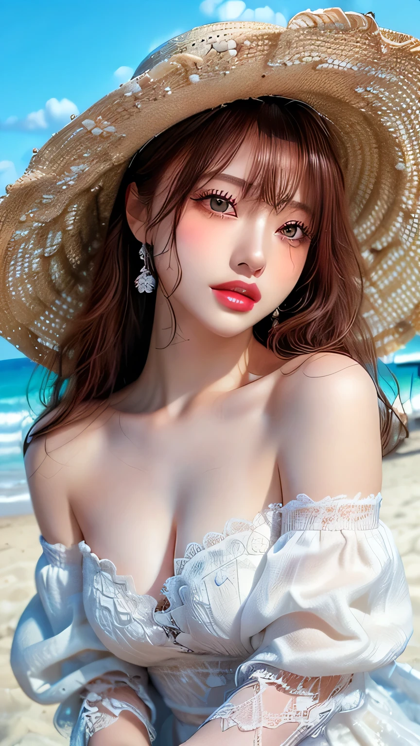 happy,burst smile,((Highest quality)),(超A high resolution),(Very detailed),(Detailed Description),((The best CG)),(masterpiece),Very detailed art、Very beautiful and beautiful woman、front facing, Small breasts、(((Whitening 1.5)))、Clear skin quality、(((Whitening 1.5)))White lace dress、Off the shoulder、Small straw hat、Sandy Beach、Ocean、