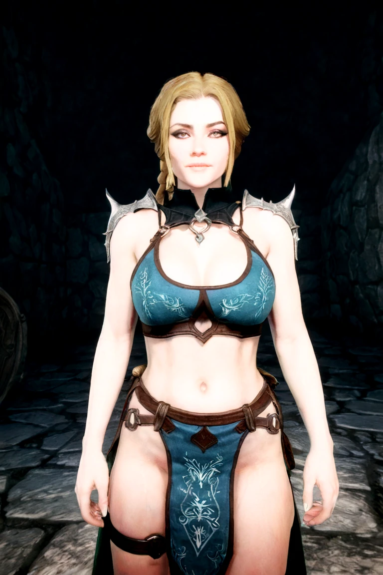 (masterpiece, best quality:1.2), 1girl, solo, silver hair, green eyes, green bikini, pale skin, elf, gloves, chainmail bikini, face tattoo, black boots, make-up, spaulders, arm-piece, green cape, blades,medium breast, grey lips, Nightsong