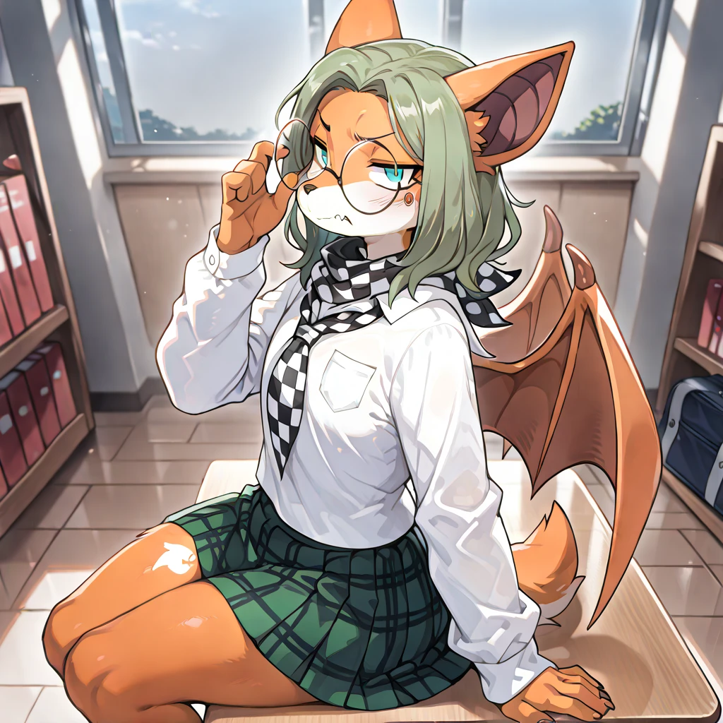 Masterpiece, White shirt, green skirt ,Red tie, red hair ribbon, White socks, 8k, Lin, green fur