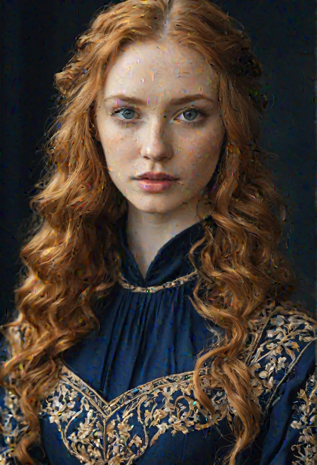 a one woman, Bullish, redheadwear, huge straight hair, blue colored eyes, freckles on the face, ancient nobility clothes