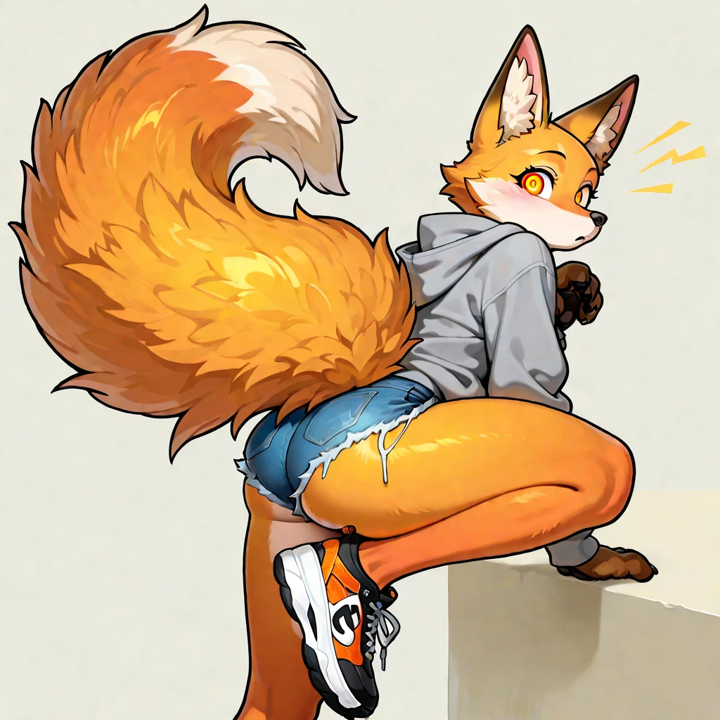 Anthropomorphic cartoon fox in the style of the 1940s, Wearing black underwear, pink tank top,smelling his left hand, squatting posture, blue background pink clouds, in front of the viewer, Body facing forward, open legs