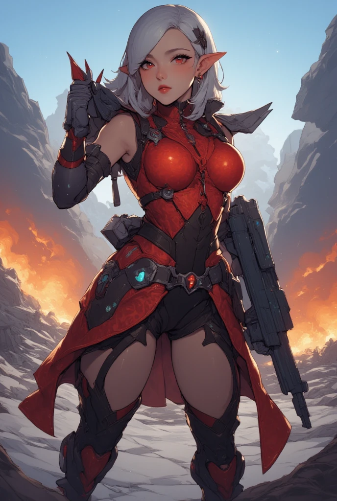 anatomically correct, best quality, masterpiece, high quality, high details, highres, HD, (shaded face:1.2), hollow eyes, red eyes, looking at viewer, smirk, upper teeth, pointy ears silver hair, blunt bangs, long hair, huge breasts, sagging breasts, sweating, "Photorealistic, Hyperrealistic, Hyperdetailed, analog style, soft lighting, subsurface scattering, realistic, heavy shadow, masterpiece, best quality, ultra realistic, 8k, golden ratio, Intricate, High Detail, film photography, soft focus, fantasy art, 1girl, red_eyes, armor, gauntlets, weapon, black_hair, long_hair, holding, cloud, sky, thighhighs, solo, looking_at_viewer, holding_weapon, black_armor, petals, breastplate