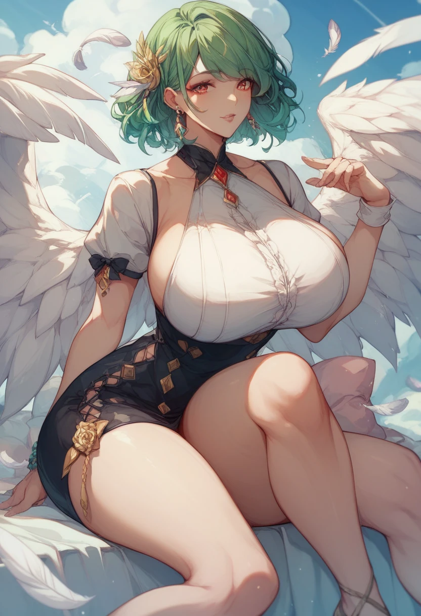 ((Masterpiece, Best quality)),A woman, blue green hair, Red eyes, Angel wings, Golden halo, White dress, Standing upright, In outer space, galaxy in background, stars in the distance, Upper body，(huge tit，gigantic cleavage breasts)