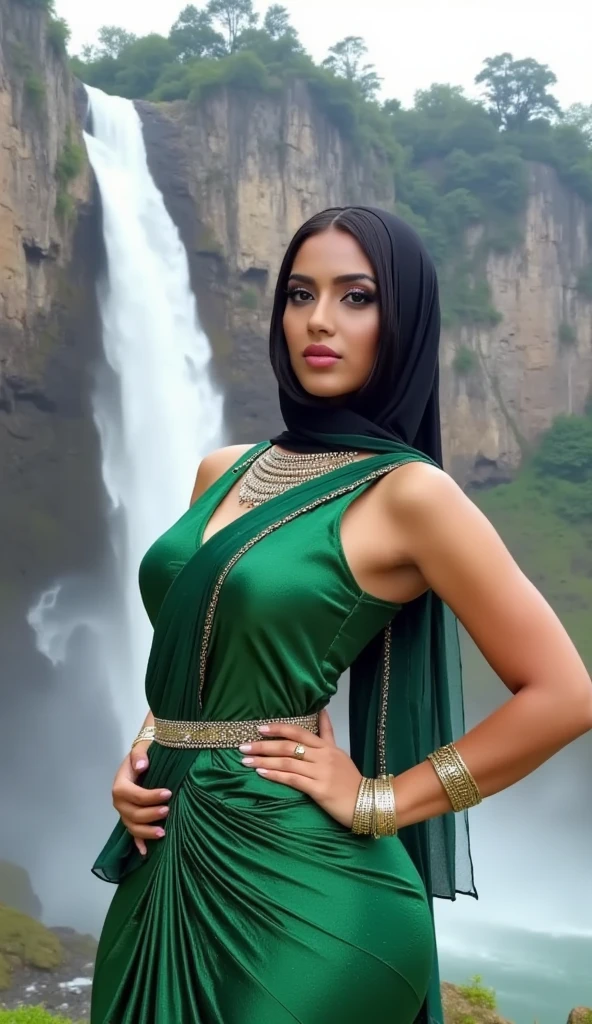 Tall beautiful woman with black hair and green eyes very realistic and detailed