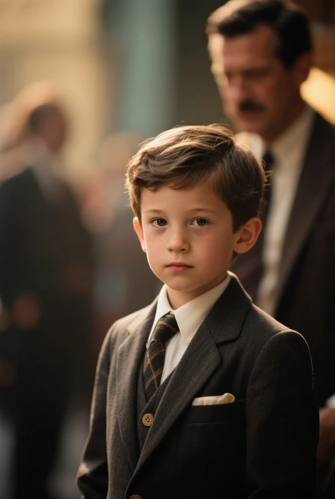 a young boy sitting alone, looking directly at the viewer, with a slight smile, wearing a formal coat, (best quality,4k,8k,highres,masterpiece:1.2),ultra-detailed,(realistic,photorealistic,photo-realistic:1.37),cinematic lighting,chiaroscuro lighting,elegant,formal,serious expression,contemplative,intricate details,striking pose,intricate clothing folds,dramatic lighting