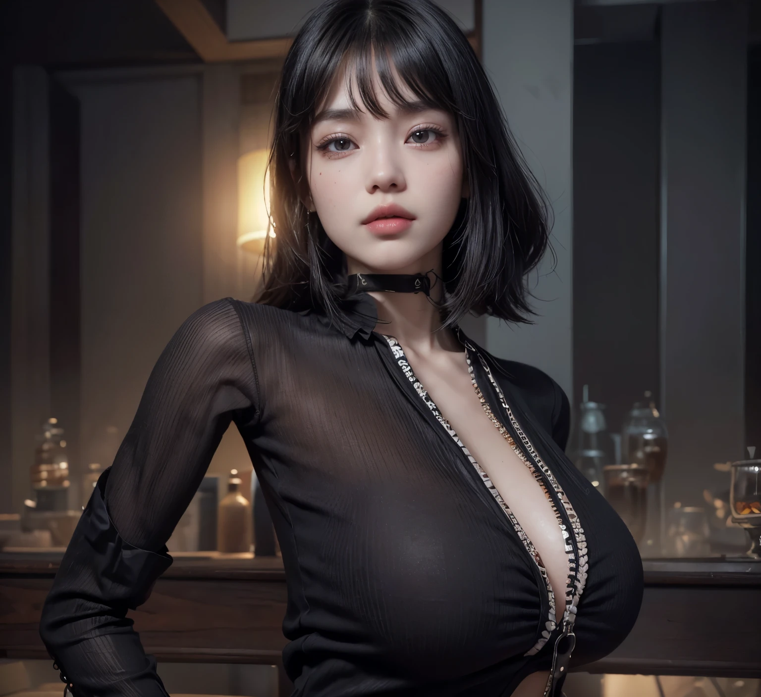 (Best quality, 8k, 32k, Masterpiece, UHD:1.3),Photo of glamorous korean woman, 1girl, ((Huge breasts :1.5)), (abs, slender figure, perfect body :1.2), medium-short hair: 1.1, (black erotic leather: 1.1), (indoor, night :1.2), ultra-detailed face, detailed lips, detailed eyes, double eyelid, ((leaning forward)), wet skin, looking at camera, kim suhyeon