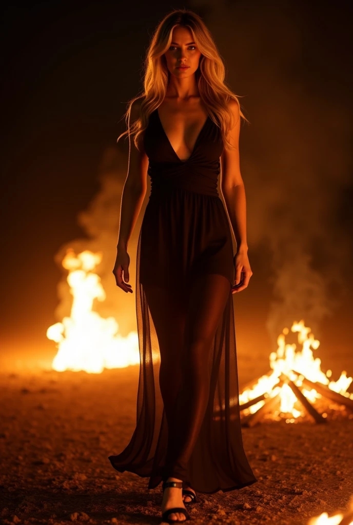 (Best quality, 8k, 32k, Masterpiece, UHD:1.2), Photo of cute tall Italian woman, blond woman, sexy, big breasts, very short hair, very short hair, high heels, two arms, two legs, 5 fingers each, nose, lips, 2 eyes, solo. Choose an outfit in red and black to emphasize the fiery nature of the image. Possible outfit elements: a tight dress that emphasizes the figure, black boots or high-heeled shoes. Exquisite accessories, such as sparkling earrings or a hoop with fire stones, can add mystery to the image. Add accessories in the form of arrows, an archery bow or a hoop with fire elements. This will emphasize the image of a mysterious fire arrow. Choose a bright and warm background, perhaps abstract art with fire elements or torchlight. A mysterious mystical forest or a dark corridor can also match the image of the Fire Arrow.