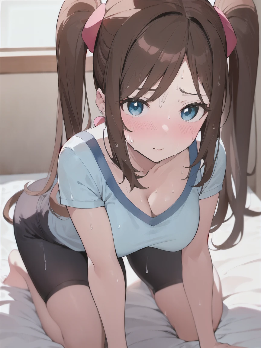 ((masterpiece)), ((best quality)), (ultra-detailed), anime style, on the bed, a cute girl, 1girl, solo, gym shorts00, ((beautiful eyes))0, smile
