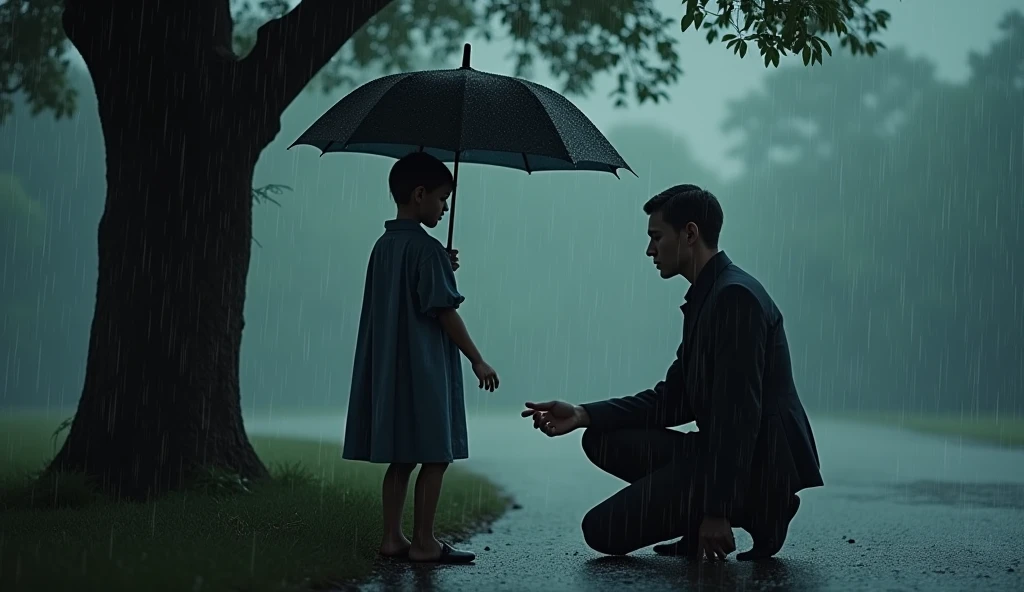 Girl gives an umbrella to a boy wearing an orange jacket who is crying in the rain with the grey sky they are the same size