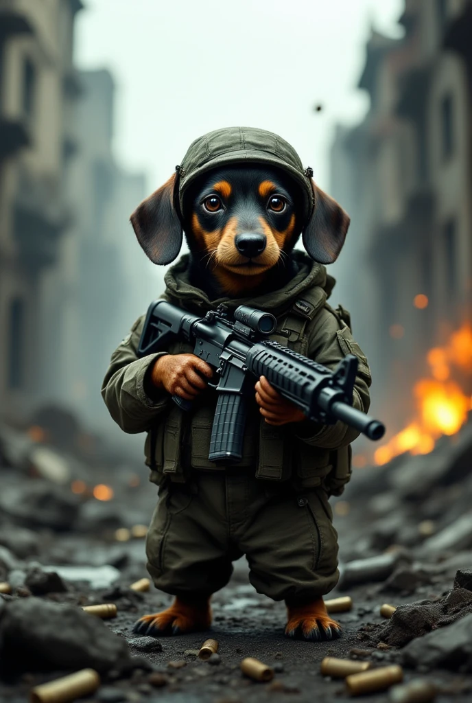 Dachshund Longhaired Brown、Wearing SWAT gear and attire、Wearing sunglasses、A fierce battlefield、Smoking a cigar、The rifle I have「JTt」it is written like this