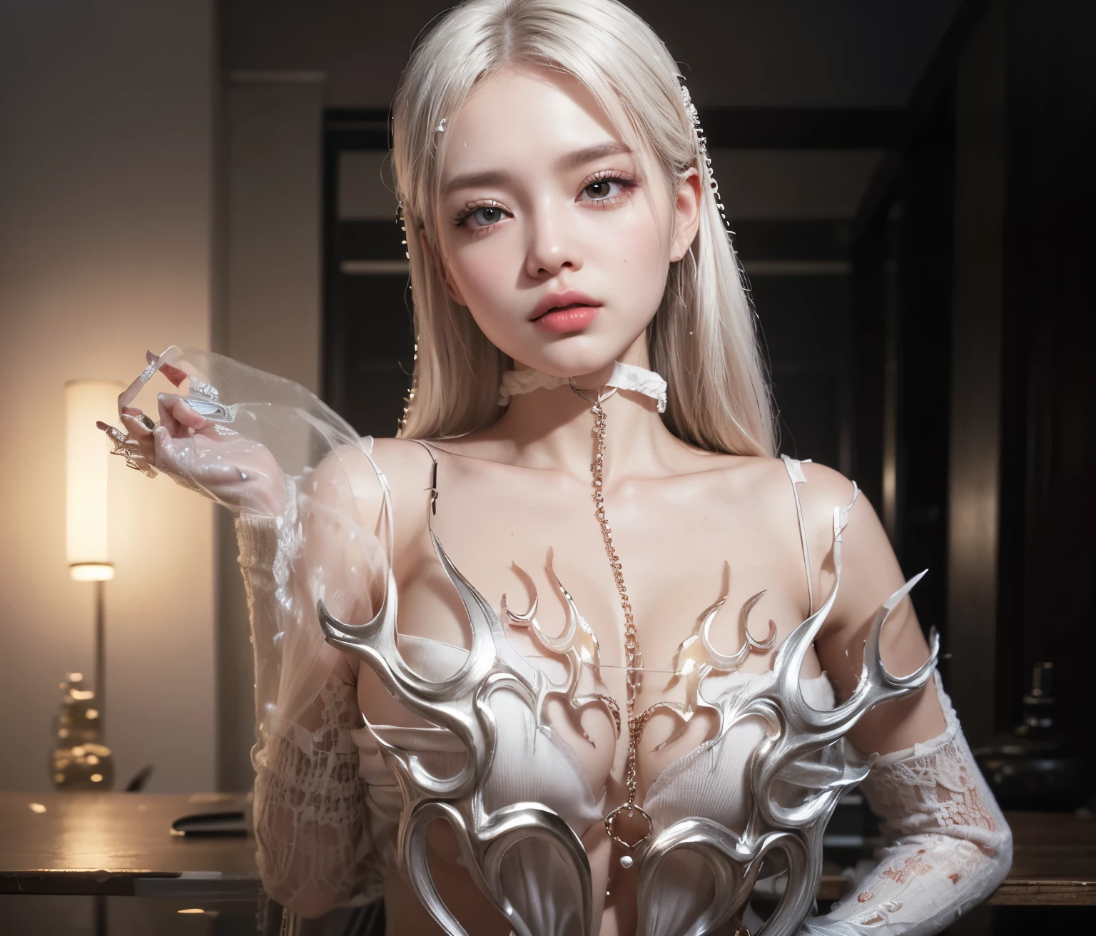 (RAW photo, best quality, masterpiece, ultra-detailed, high res), (realistic),(extremely delicate and beautiful:1), mesmerizing woman with long silver hair in sleek high ponytail , (((wearing glossy silver and gold lined cloak fastened at the neck :1.20))), crop top and hotpants , moonlit graveyard , detailed features, smiling expression of feelings, imaginative, highly detailed, extremely high-resolution details, photographic, realism pushed to extreme, fine texture, 4k, ultra-detailed, high quality, high contrast, full body shot