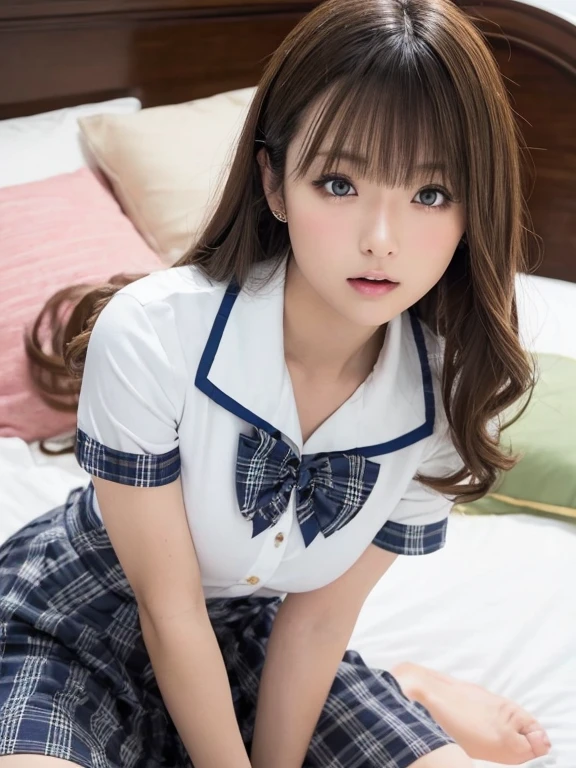 8K, RAW Photos, Fujifilm, Beautiful 20 year old woman style photo, (((Gray Hair:1.3,美しいGray Hairのストレートヘアー、シルキーなGray Hair)))、((( Wearing a sailor uniform:1.5,))) Gold earrings, (Highly detailed skin: 1.2), Light medium brown hair, Film Grain, 35mm, Cute Style、On the bed、(((全Nude 1.5)))(((Nude 1.5)))Full nudity、、Open your mouth、Bedroom、(White underwear)、(((Sleeping 1.5)))、Selfie with smartphone、(((throw)))、