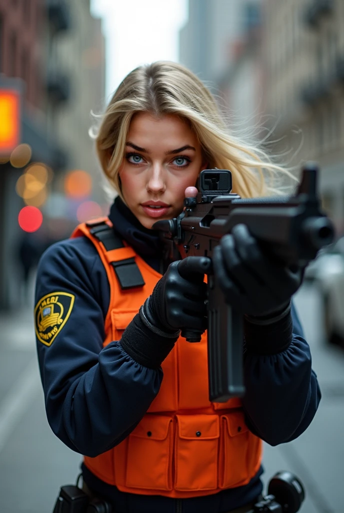 in high-definition images,Strange resolution 、アニメ画像、high resolution、 (masterpiece: 1.UPER details、young swat blonde woman in orange bulletproof vest、Street fighting、shooting machine gun by sticking out in front of her body、NYPD shootout on Wall Street、full body highdefinition picture。