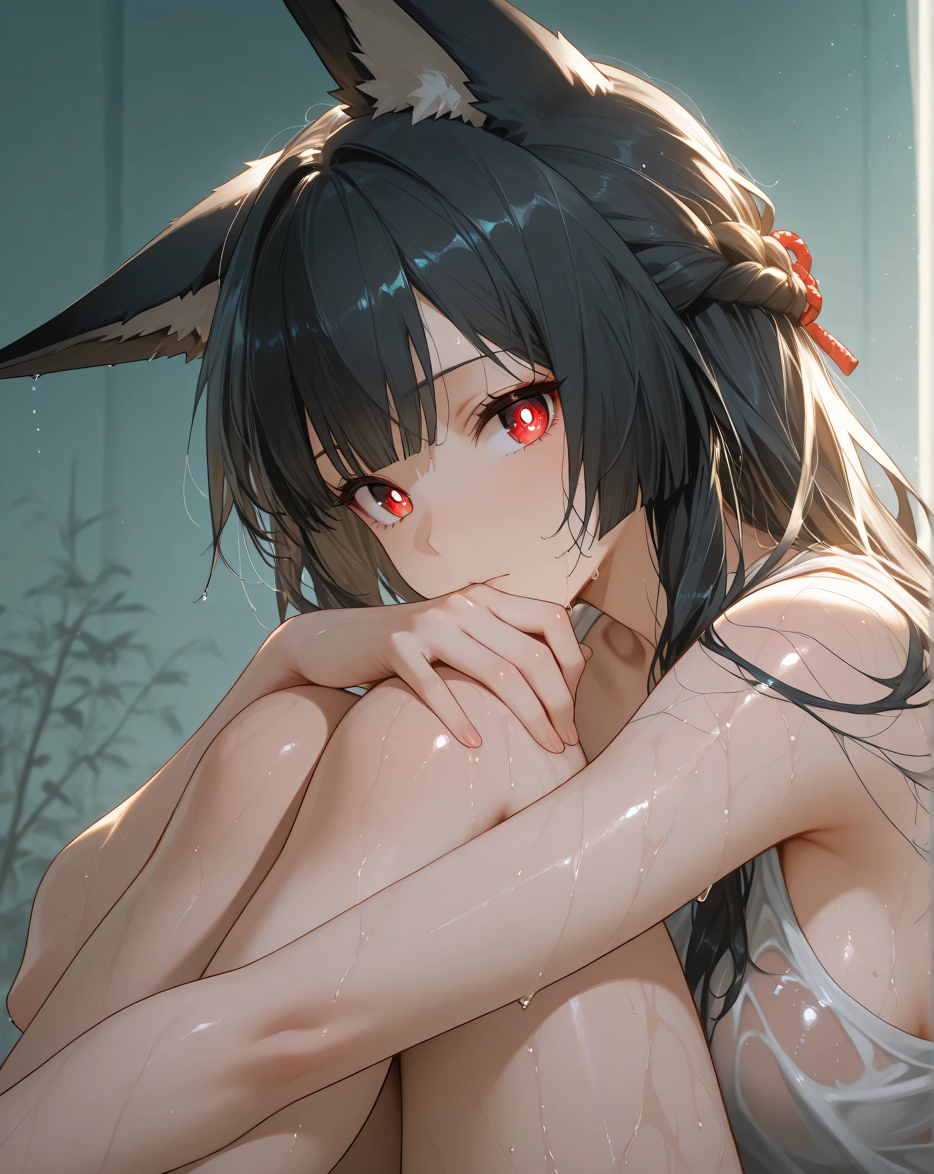 eye detailing, semi loose hairstyle , long hair , black hair, red eyes , Curls , white pupils , fox ears , smooth skin, wet body, disturbance , bright lighting, bright and lively atmosphere, View from afar , duration high quality , looks at the viewer , without clothes, covers the chest with a , costs , long beautiful legs, random background , random location . ( Anatomically correct hand structure )