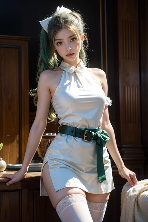 russian girl, fullbody, necklace, jewelry, green hair, red eyeliner, brown eyes, bangs, sexy pose, best quality, masterpiece, wearing suit, an extremely delicate and beautiful, CG, unity, 8k wallpaper, Amazing, finely detail, masterpiece, official art, extremely detailed CG unity 8k wallpaper, incredibly absurdres, huge filesize, ultra-detailed, highres, extremely detailed, beautiful detailed girl, realistic, full frontal, light contrast, completely legs
