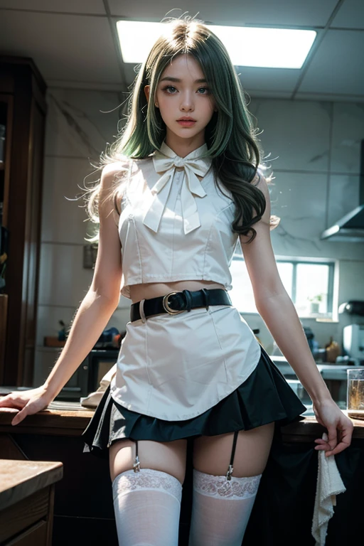 (pornography), (8k,masterpiece, top quality, best quality,beautiful and aesthetic:1.2,professional illustrasion:1.1,ultra detail:1.3,perfect lighting), extremely detailed, highest detailed, incredibly absurdres, highres, ultra detailed, intricate:1.6, (girl), beautiful, kawaii, beautiful eyes, beautiful hair, aquamarine eyes, cute rip, medium breasts, oily skin, ((brond_green hair)), ((blunt bang:1.2)), (braid ponytail:1.4), ringlets, off shoulder, black pantyhose, Black Choker, leather boots, very short length white shirts with open chest, very short pleated miniskirt, nsfw