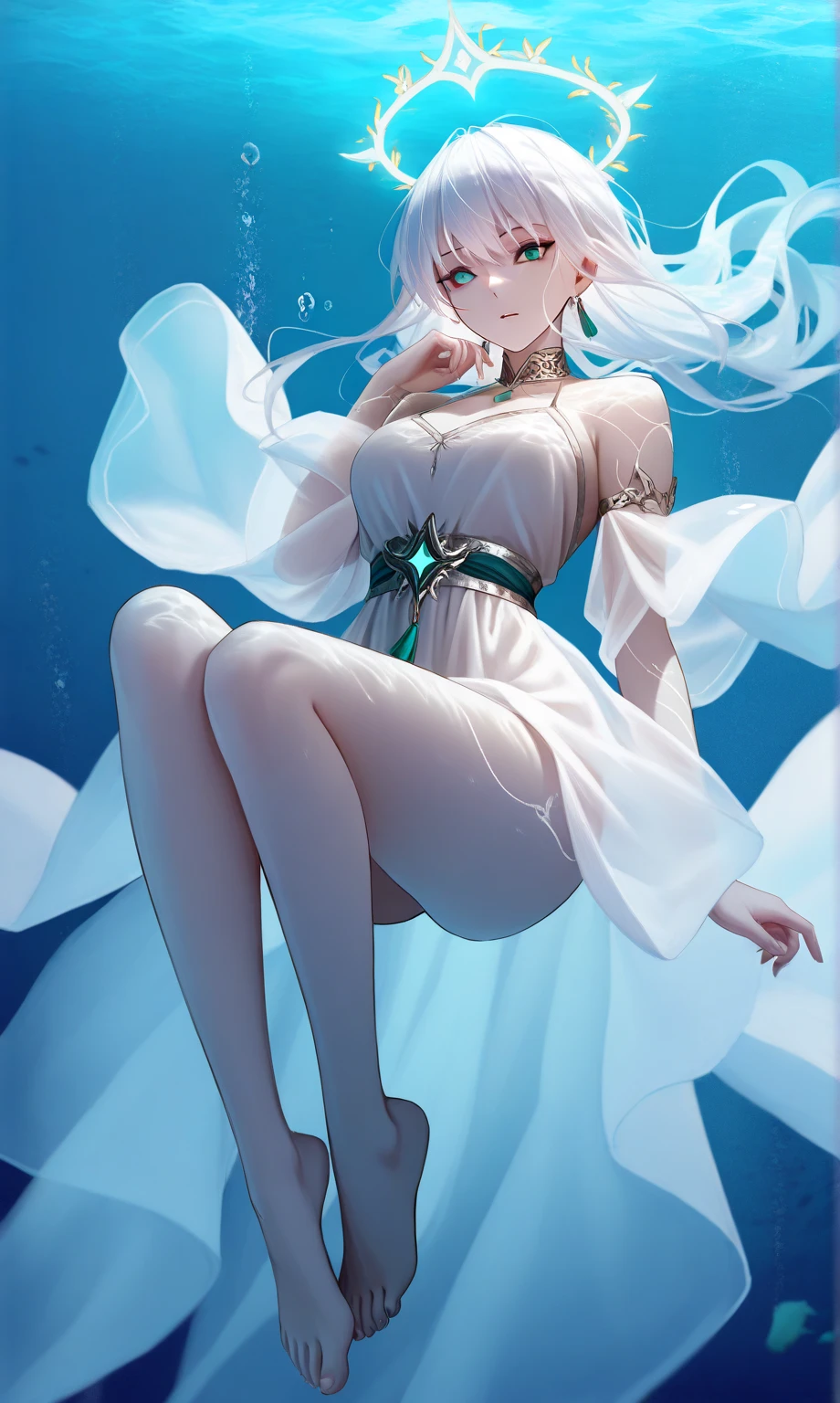masterpiece, top-quality, ultra-detailliert, illustratio, portraitures, 1girl in, blue eyess, greyt hair,middlebreasts, swim wears, The bikini、Full body slender、long thin legs、A sexy、Cute、Under the sea、foam、