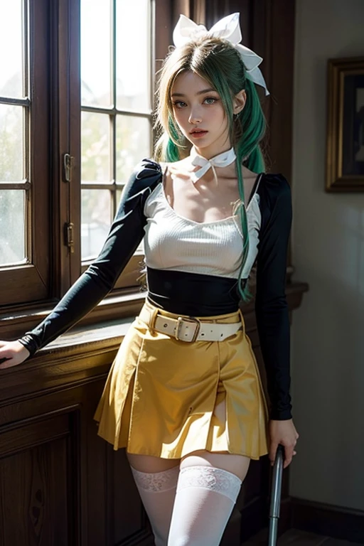 (Best quality, masterpiece:1.2), realistic photo of Mitsuri Kanroji, (\from Demon Slayer: Kimetsu no Yaiba), 1woman, anime girl. Mitsuri is a curvaceous young woman of average height and fairly muscular build with a slightly pale complexion and round, pale green eyes with long eyelashes, a small beauty mark beneath each of them. She has long, light pink hair (that fades into a lime green color at the halfway point, which she wears in three thick braids). (She has five shorter, choppy clumps hanging over her face as voluminous bangs, the tips lime green as well). Mitsuri's Demon Slayer Mark appears as two hearts with winged shapes under the both of the hearts, Mitsuri's Mark seems to be on the left side of her neck.
Mitsuri wears a heavily modified pink tinted version of the standard Demon Slayer uniform along with a plain white haori. The chest area of her uniform is left unbuttoned and she wears a short pleated skirt in place of the usual tattsuke-hakama pants. Additionally, she wears a pair of navy blue thigh-high socks layered with the vertically striped lime-green socks and a pair of white zōri with pink straps. (Extremely detailed body, face and hair, hyperdetailed realistic photo, highres, world's greatest detailed photo, huge file size), (((UHD, HDR, masterpiece:1.3)))