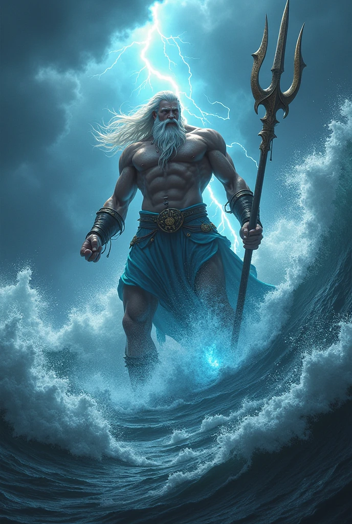 Posidon with his trident fighting a strom at night as a roblox character ( add text saying “gods of rng” in the background)