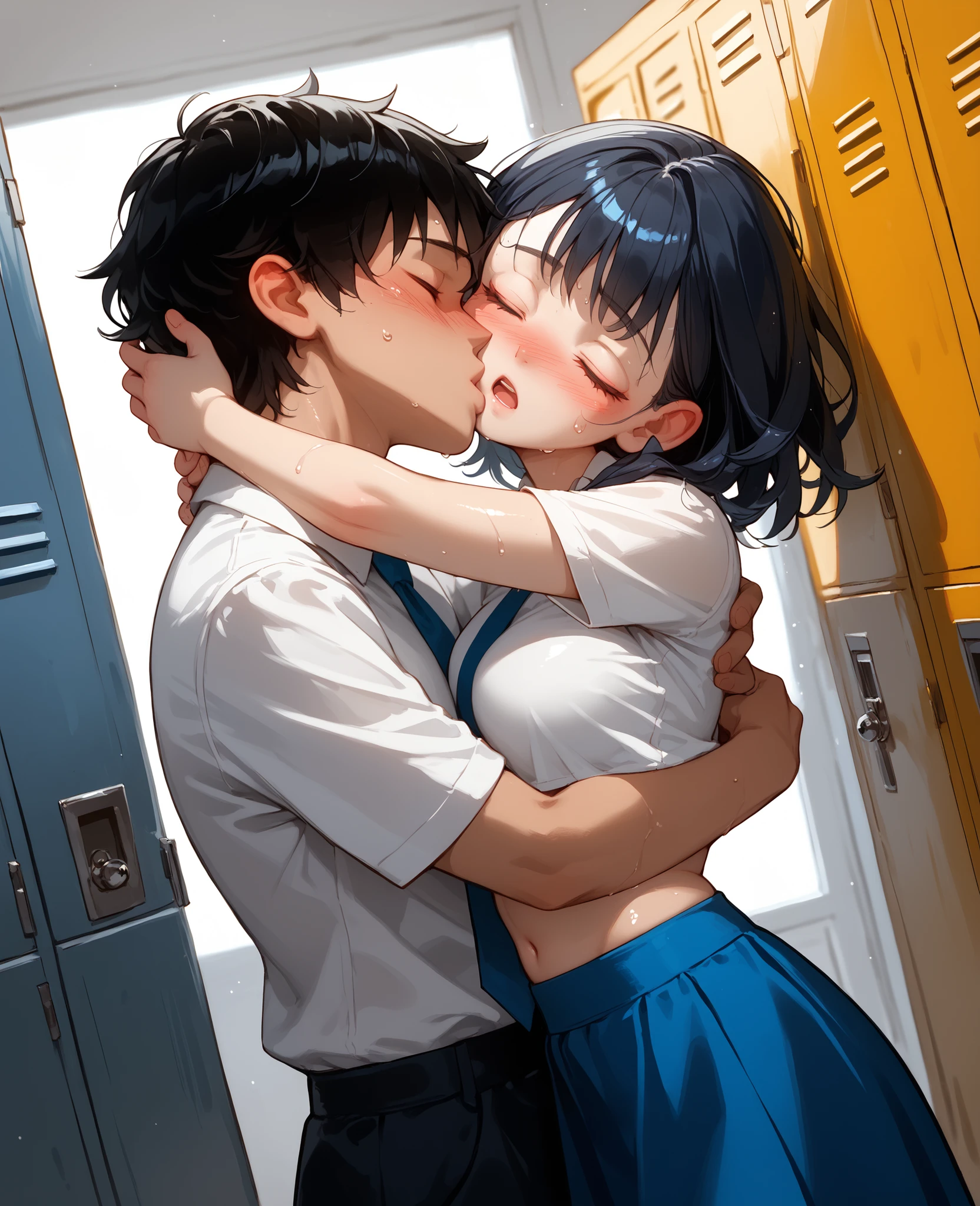 score_9, score_8_up, score_7_up, 1woman, solo, hair, closed eyes, white milky porcelain skin, white-skinned female, short messy black hair, lovely medium breasts, perfect body, short white shirt, exposed midriff, tie, blue skirt, sweat, female organism, open mouth, looking at viewer, head tilt, nose blush, blush, indoor, locker, day time, shiny skin, against locker door, standing , upper body, 1girl, 1boy, (faceless, face on girl's face,
intense kiss, deep kiss, kiss ), hug. Dutch angle.