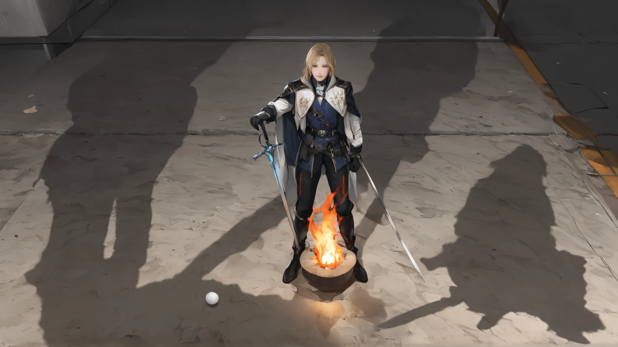 masterpiec((RAW photo), absurd, (absurd resolution)), masterpiece, best quality, (extremely detailed CG Unity 8k wallpaper), (best illustration), (best shadow), realistic lighting, detailed and beautiful glow, ((21 years old)), a boy, blond hair, with a sword in his hand, noble clothes, on his right side a ball of fire, on his left side an ice ball, anime scenery behinde ,best quality
