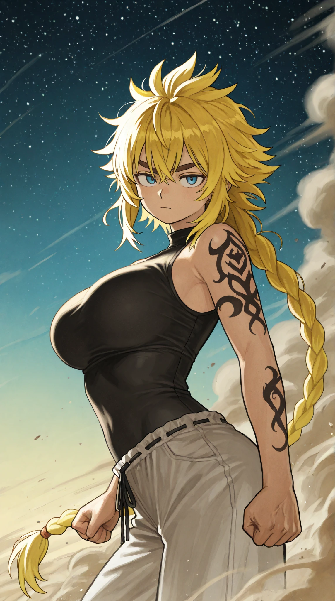 she is hurt hurt dark atmosphere in anime style manga Yusuke murata high quality"""Xena character sexy cleavage big tits""" in super saiyan god with neon gold hair in ripped black spaghetti strap dress with black stripe print , ("releasing a KA-ME-RA-ME-RAAA") (((kameramera position))) on a rainy beach with lightning in the background in manga death note style