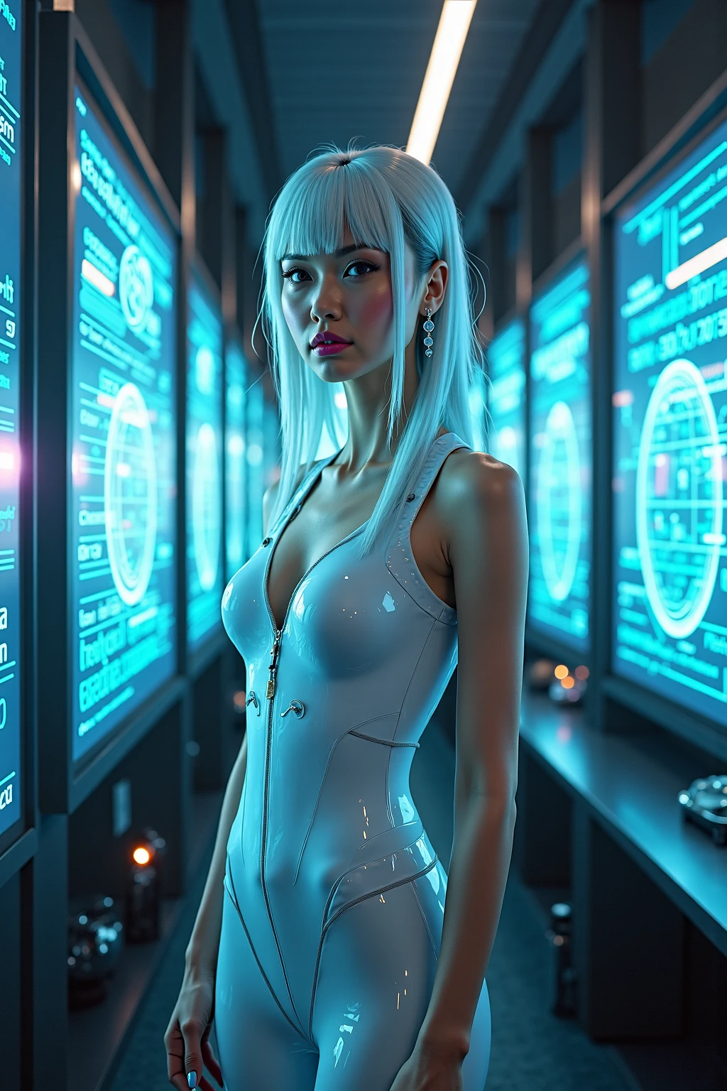 DonMH010D15pl4y, cyberpunk city. (((1girl, solo, alone))), blue holographic portrait, large-breast:1.2 slim:0.6 body, slim face, cleavage:1.1, sexy jacket, (black sunglasses), (((holding a pistol))), dynamic pose, ((half-body thigh:1.1 level medium shot)), mysterious fog, cinematic lighting, ray tracing.