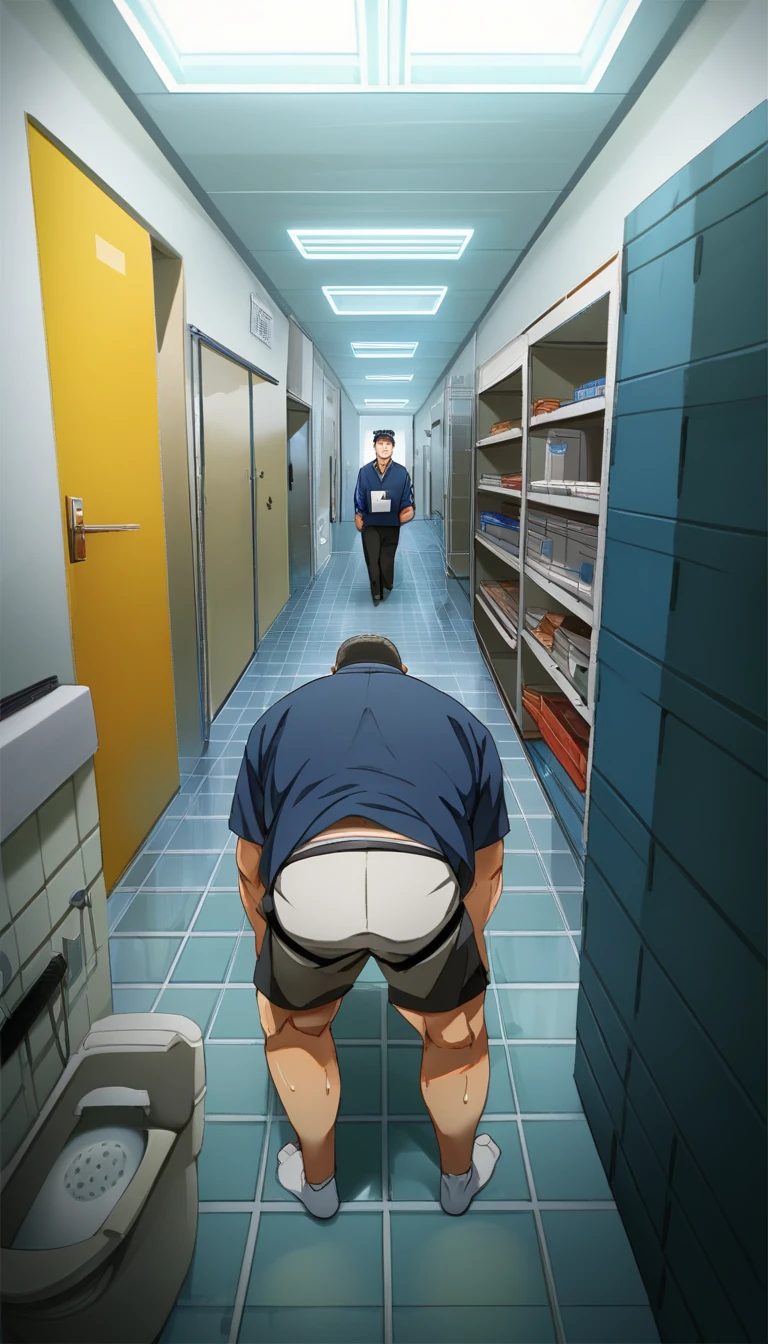 ((best quality)), (masterpiece), 1male, bara, embarrassed, naked, public, exposed ass, hiding from people, in court, behind wall, peeking out of corner, from behind, in the street