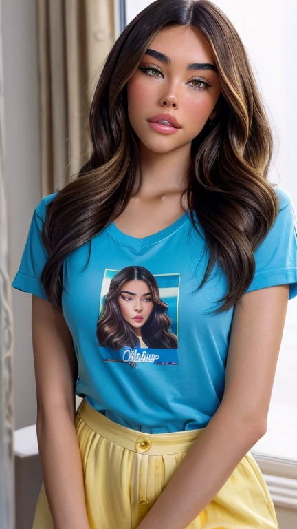 Mujer, piel morena, cabello corto con rulos, white t-shirt with polaroid inscription, jeans, en su mano derecha sostiene una camara de fotos reflex nicon