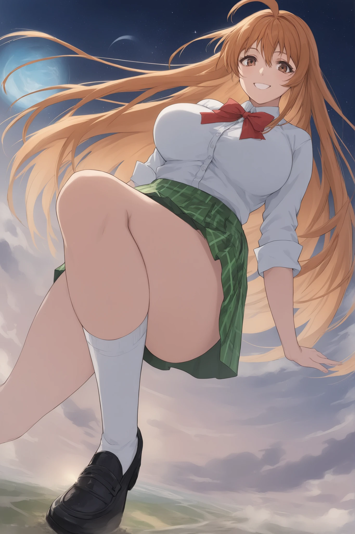 best quality,masterpiece,looking at viewer,absurdres,1girl,score_9,score_8_up,score_7_up,source_anime BREAK natsume aya,orange hair,long hair,brown eyes,ahoge,breasts,white ,skirt,bow,plaid,large breasts, plaid, green plaid skirt, smile, white socks, black shoes, standing, smile, space, stars, planets, giga giantess, standing, front below