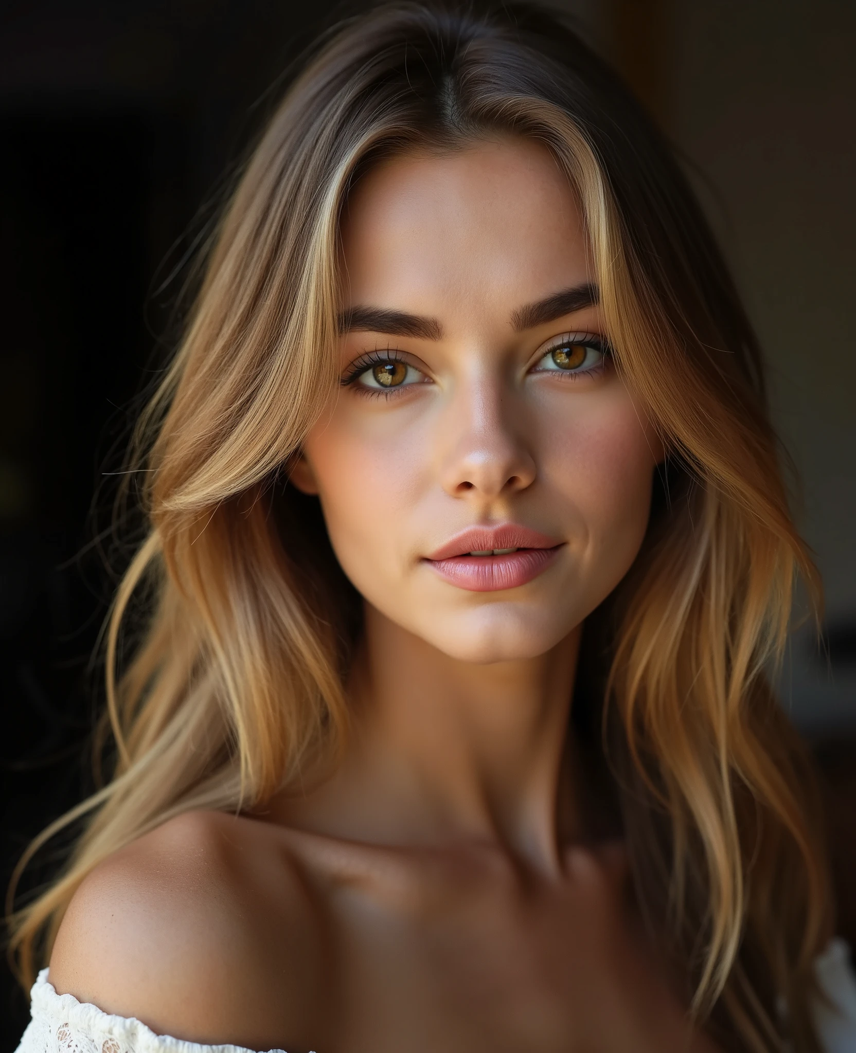Bust and face portrait of an elegant, feminine woman with a naturally sensual presence. She has soft, delicate facial features, fair skin with a gentle sun-kissed bronze tone, and very long hair down to her waist—mostly straight with slight waves at the ends, in a very dark blonde shade, almost black. Her deep amber eyes are expressive and luminous, reflecting warmth and subtle allure. The lighting should softly highlight the contours of her face and the texture of her hair, creating a refined, romantic atmosphere. Style: realistic, artistic portrait, soft focus.