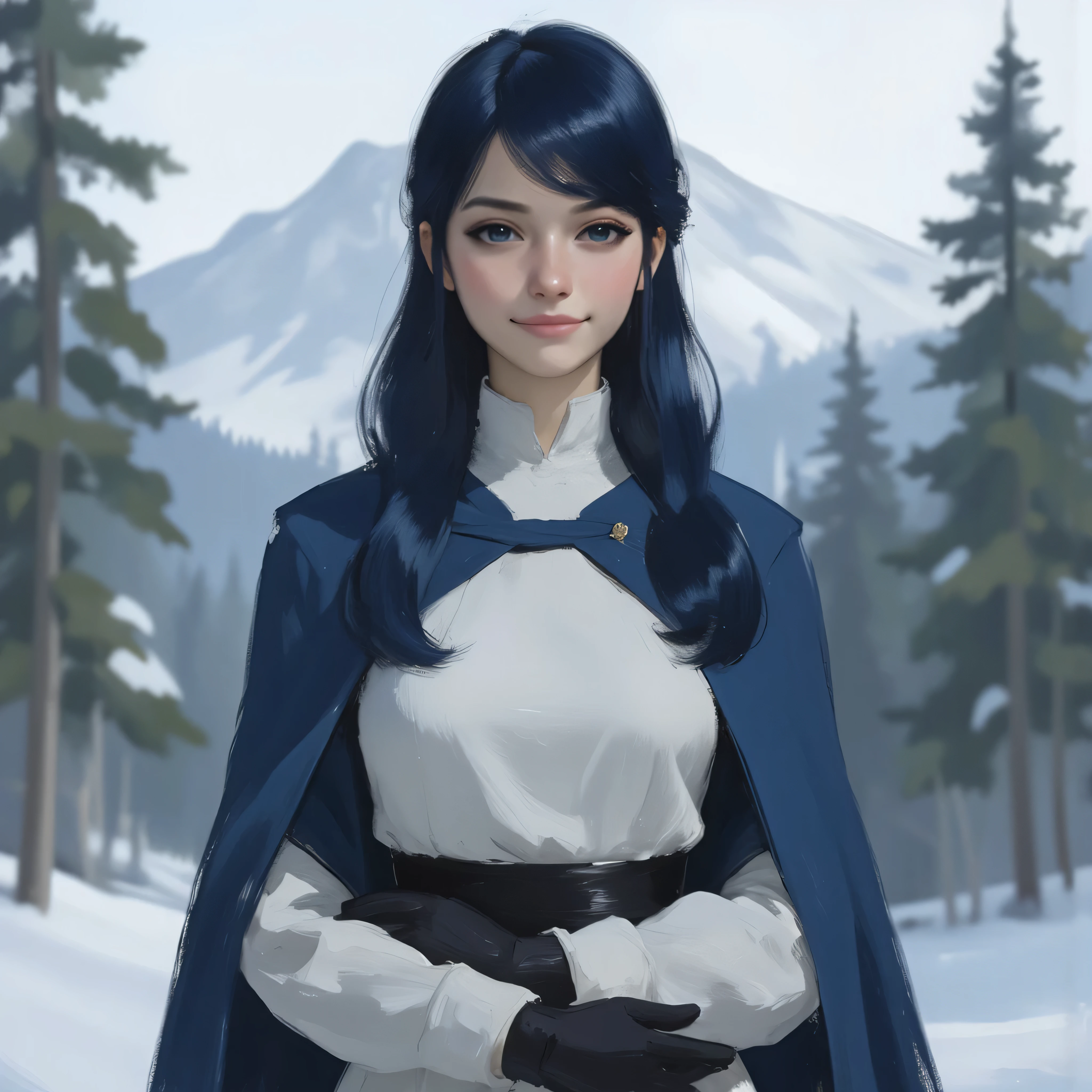 A very beautiful 22 year old a lady paladin warrior, beautifully detailed eyes, (((DeepSkyBlue eyes: 1.5))), (beautiful and detailed candy pink lips, thin lips, slight shy smile), (((long DeepSkyBlue hair))), shiny hair, ((full body view, dynamic pose, standing: 1.5, arms crossed)), (graceful pose), (((white long-sleeved medieval shirt, short white skirt, Starfleet Blue cape, black belt, black paladin gloves))), (((Masterpiece, high quality, UHD, 8k, 16k))), sharp focus, no blur, film grain, dynamic angle, wide angle, panoramic, stunning image, epic landscape, soft lighting, cinematic lighting, top quality, (Best Quality), vibrant, colorful. Winter forest background, 1mountain in the background, blurred background, (depth of field), bokeh.