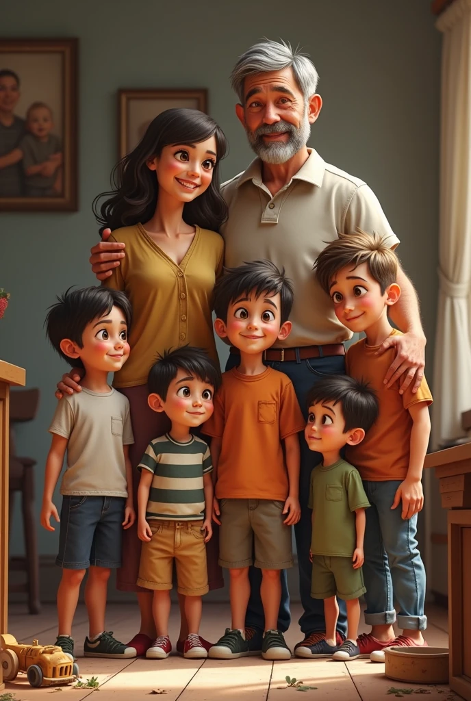 A family with dad and three daughter and five brothers