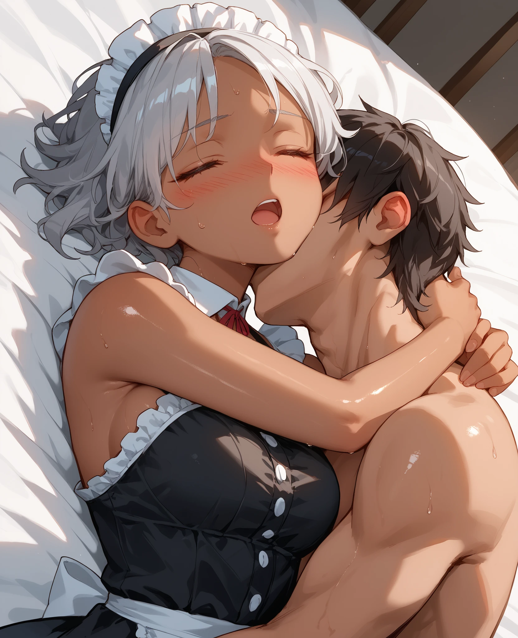 score_9, score_8_up, score_7_up, 1woman, solo, hair, closed eyes, dark-skinned female, short messy silver hair in a bob, lovely medium breasts, perfect body, maid dress, exposed shoulders, sweat, female organism, open mouth, looking at viewer, head tilt, nose blush, blush, indoor, bedroom, day time, shiny skin, against bed, lying down , upper body, 1girl, 1boy, (faceless, face on girl's face,
intense kiss, deep kiss, kiss ), hug. Dutch angle.