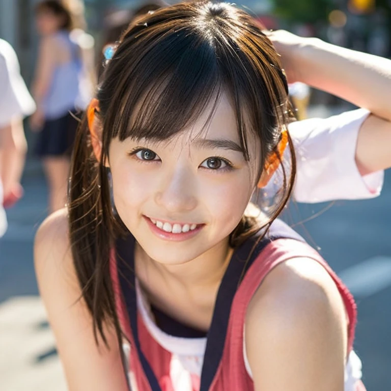 Yukata, traditional Japanese summer costume, summer festival night market, first year high school student, ((full body)), ((photo)), ((best qualtiy, 8K, tmasterpiece:1.3)), Focus:1.2, perfect figure beautiful girl:1.4, 1girl, cowboy shot, look at viewer, incredibly absurd, beautiful and cute girl with a photorealistic face, showcasing top-quality craftsmanship, A Japanese girl walking around looking at the food stalls at a summer festival on a night, 15 years old, straight hair that reaches about 10cm below her shoulders, light brown hair color, shiny hair, bangs cut straight above her eyes, hair tucked behind her ears, soft round face, large almond-shaped eyes, light brown eye color, long eyelashes, thin and neat eyebrows, small nose with a straight bridge, cherry-colored lips, bright smile, white teeth, smooth skin, fair skin, light pigmentation, freckles, average height, lithe figure, well-balanced proportions, small A-cup breasts, white and pink pastel-colored yukata, bracelet with charms, diamond stud earrings, beautiful girl, pure, moe, cheerful, curious, friendly, polite, responsible, likes festivals and events, August
