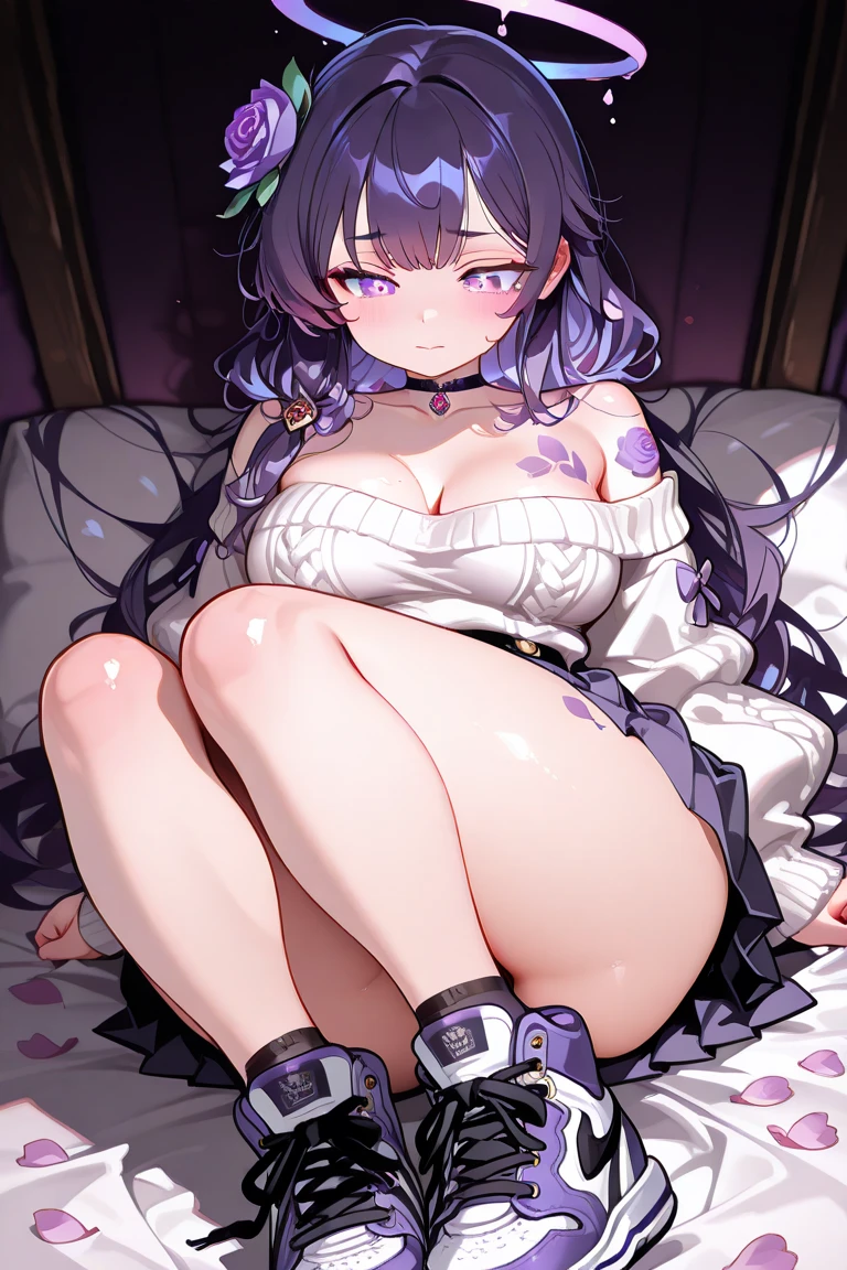 Wolf Girl, Large Breasts, voluminous purple hair, masterpiece , Red eyes, hd, Head to Chest, buried in my chest、Underboobs、Double teeth,, On the bed、Thick thighs、baby doll