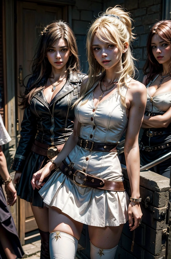 four sisters, one redhead one black haired two blonds, twin sisters, four girls, girlband, standing apart:1.2, official art, unity 8k wallpaper, ultra detailed, beautiful and aesthetic, High quality, beautiful, masterpiece, best quality, (zentangle, mandala, tangle, entangle:0.6), full body:1.3, fit body:1.2, lean fit young woman:1.1, walking:1.1, thin body, beautiful face, high heels, brave posture:1.2, wide shoulders:1.3, soft lights:1.2, cinematic lighting:1.2, cinematic poses:1.2, soft background, bokeh