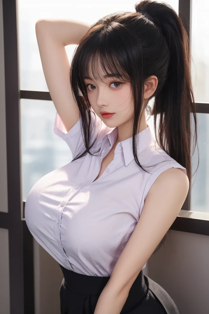 ((masterpiece, best quality, ultra-detailed, ultra-HD, photorealistic, cinematic)), ((alluring female model)), (surrealism), (medium shot:1.5), perfect body, sexy body, perfect face, perfect hands, delicate face, large cleavage, round ass, long round legs, (flowing braid hair, serene blue hair, creating an ethereal appearance), (school blouse in sailor-style collar with a V-shaped neckline), (navy pleated skirt above the knee), (sensual pose), (gradient background:1.2), (Nordic-looking face)