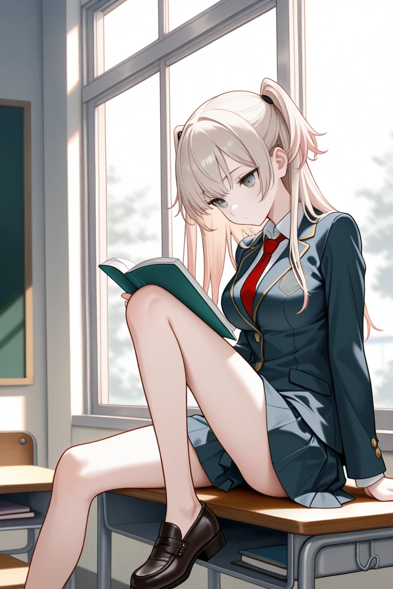 Color, (Masterpiece: 1.4), (Best Quality: 1.4), 8K, HD, Ultra HD, 1 Girl, (Big Tits: 1.4), Long Blonde Hair, White Clothes, Black Short Skirt, White Socks, Desk, Reading, Pen, Curly Hair, Blushing, (Smile with Joy), ((Hands Cover Face, Eyes Covered)), Classroom, Blackboard, ((Sitting at Desk)), ((Reading))